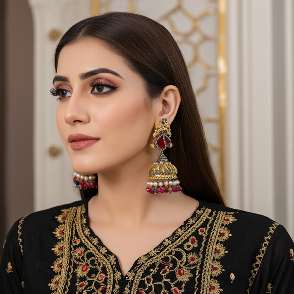Mah-e-Zar Jhumkas Maroon Earrings : The Golden Moon Legacy