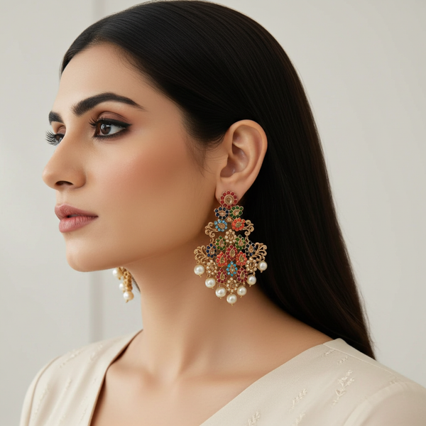 Multi-Color Navratna Pearl Jhumkas Earrings
