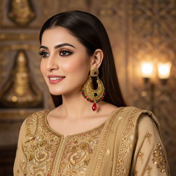 Noor Mahal: Traditional Gold-Plated Chand bali Earrings with Ruby and Emerald Drops