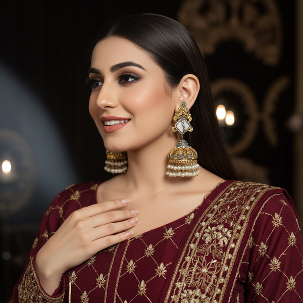 Mah-e-Zar Jhumkas White Earrings: The Golden Moon Legacy
