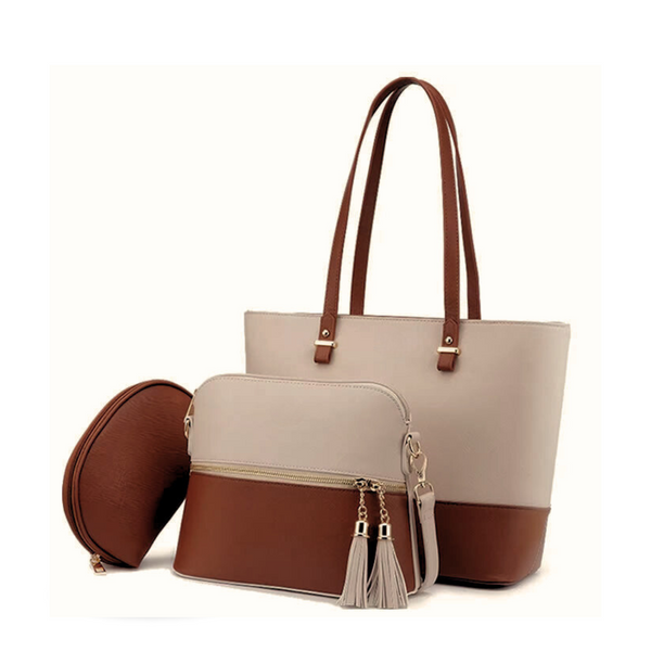 GRACE TOTE Bag 3pc BEIGE / BROWN