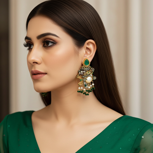 The Oxidized Royal Green Danglers Turkish Earrings